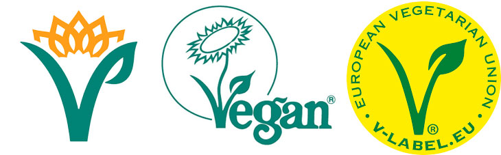 Logotyperna för The Vegan Society, The European Vegetarian Union och V-label.